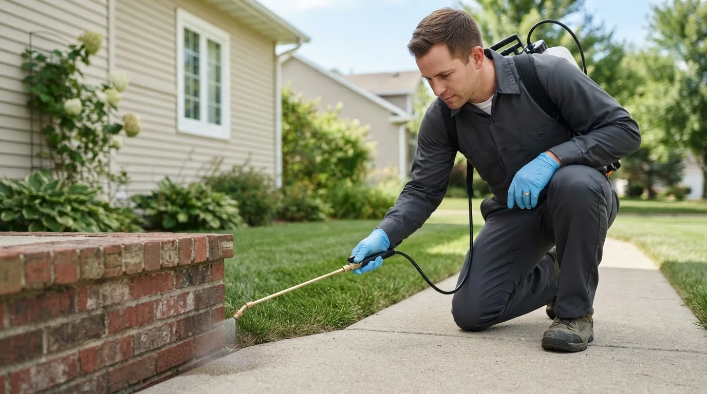 Pest control technician treating a home near South Range, WI